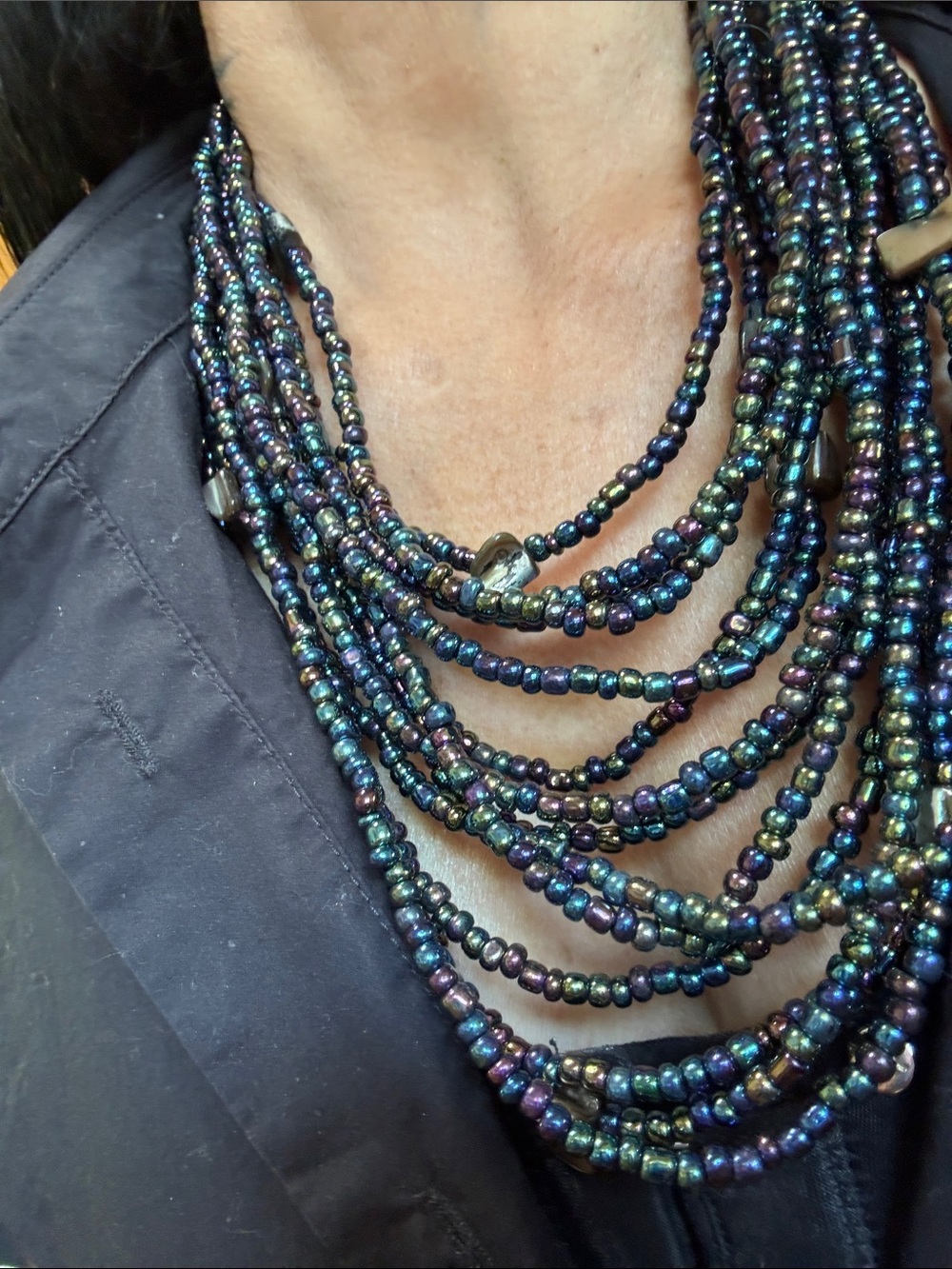 Multistrand Iridescent Black Seed Bead Necklace with Wood Clasp